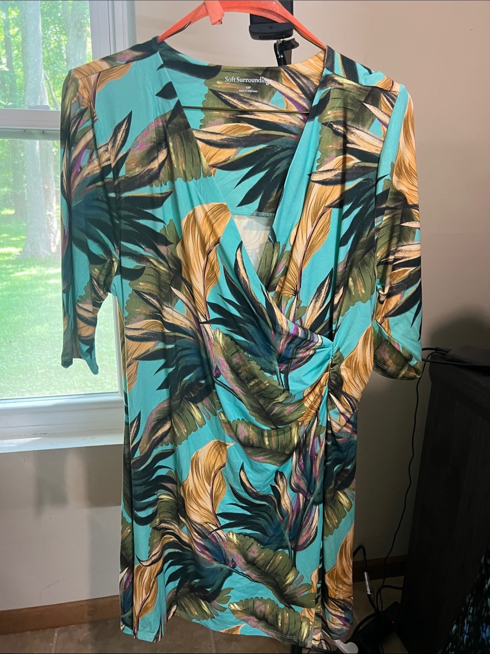 Soft Surroundings Teal Tropical Leaf Wrap Coverup